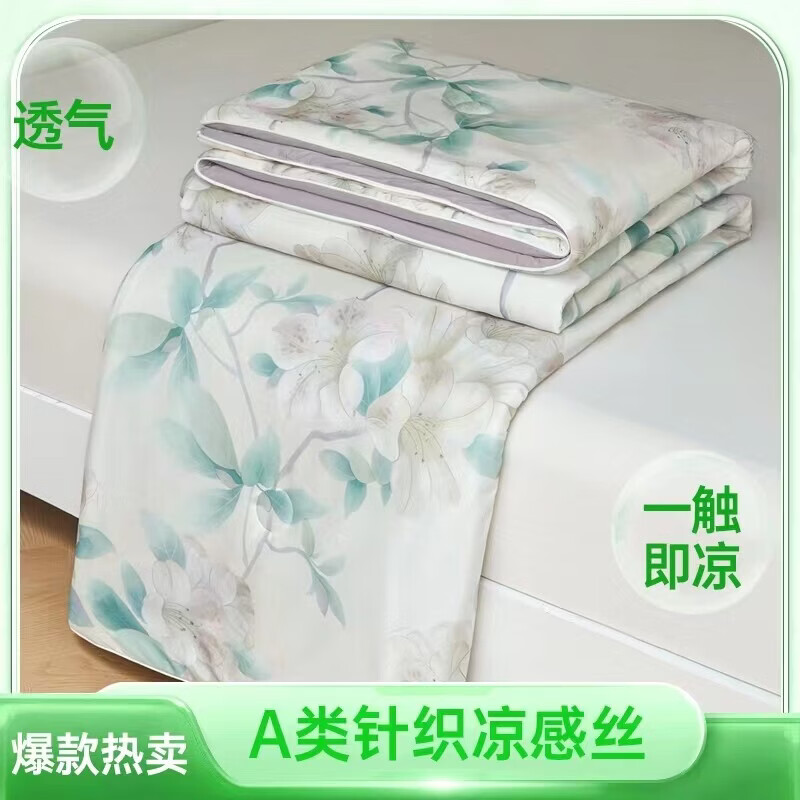 春夏款空调被A类凉感冰丝夏凉夏季单人薄子冷气双人可机洗夏 夏花绿 双人夏被：200x230cm【约2.8斤】