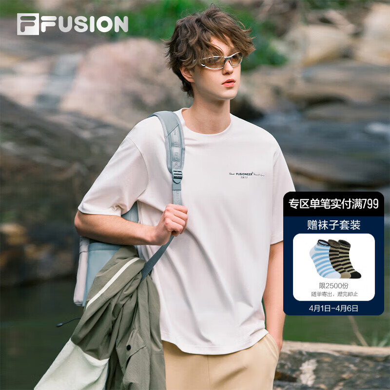 FILA FUSION斐乐潮牌男子针织短袖衫夏季新款时尚休闲宽松T恤 云白色-WT L 175/96A/L