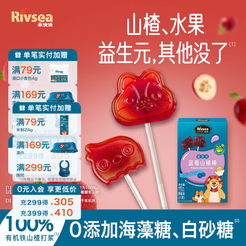 禾泱泱儿童零食山楂棒水果条无添加白砂糖水果棒棒糖小包装 6盒288g（蓝莓味*2+原味*2+草莓味*2）