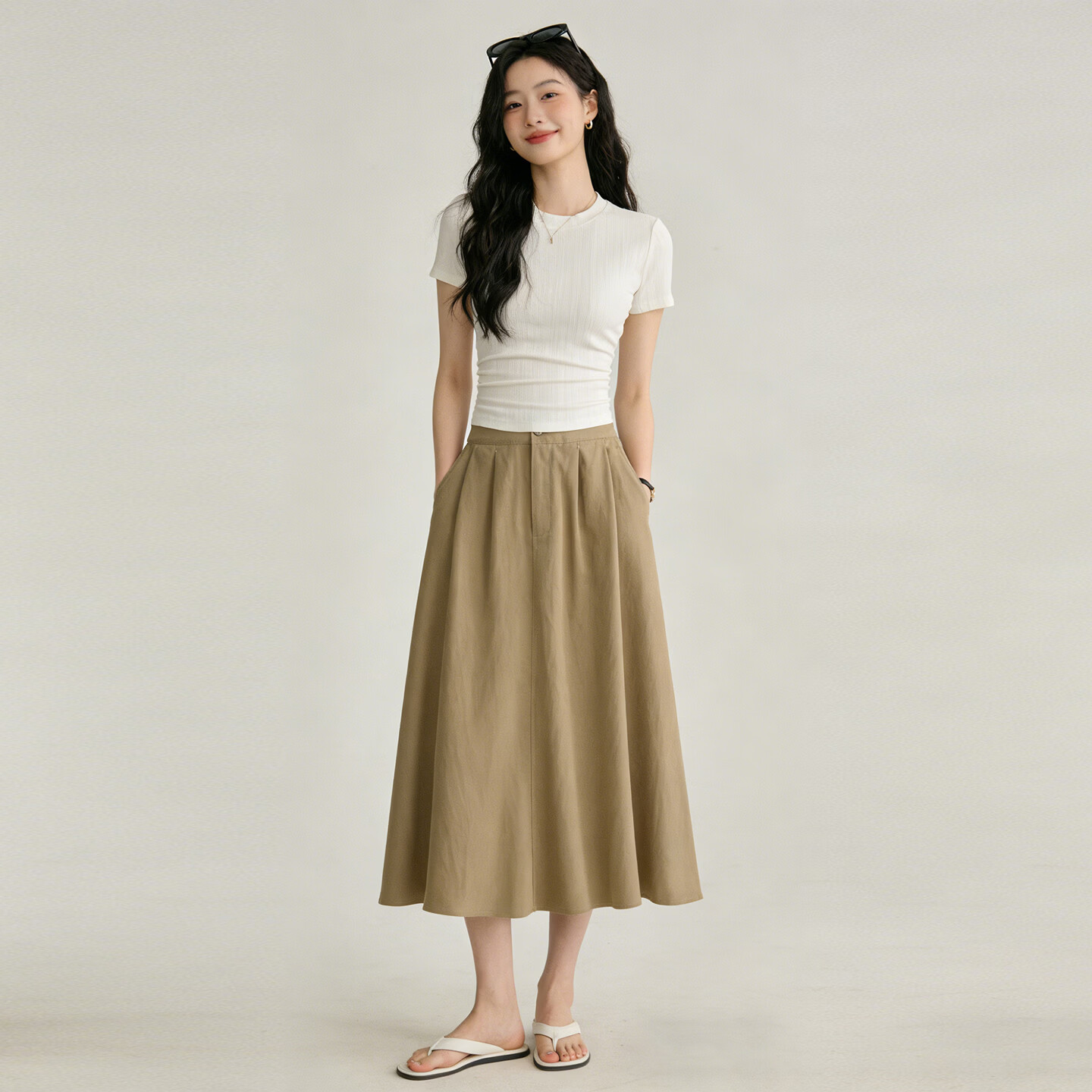 依凡芙天丝亚麻夏季百搭捏折显瘦遮肉A字松紧腰女装半身裙夏装新款 卡其色 M