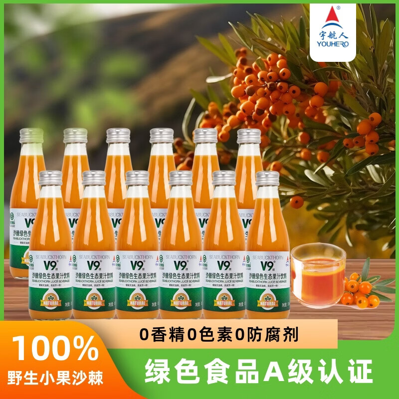 宇航人沙棘果汁饮料内蒙小果沙棘汁NFC高维C绿色食品认证300ml*12瓶整箱
