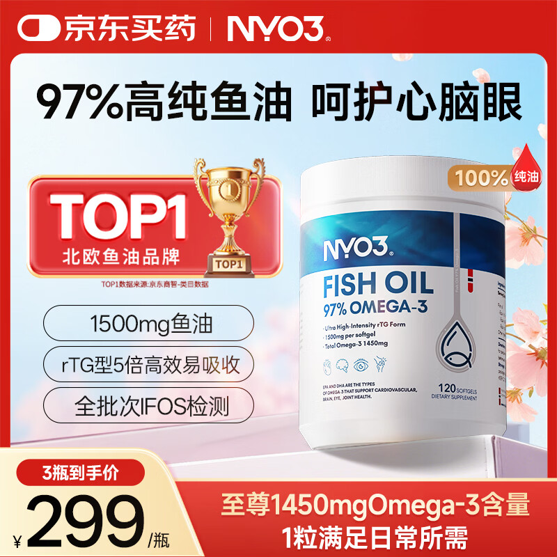 NYO3 97%高纯度rTG型深海鱼油胶囊非磷虾油1450mgOmega-3EPA+DHA120粒
