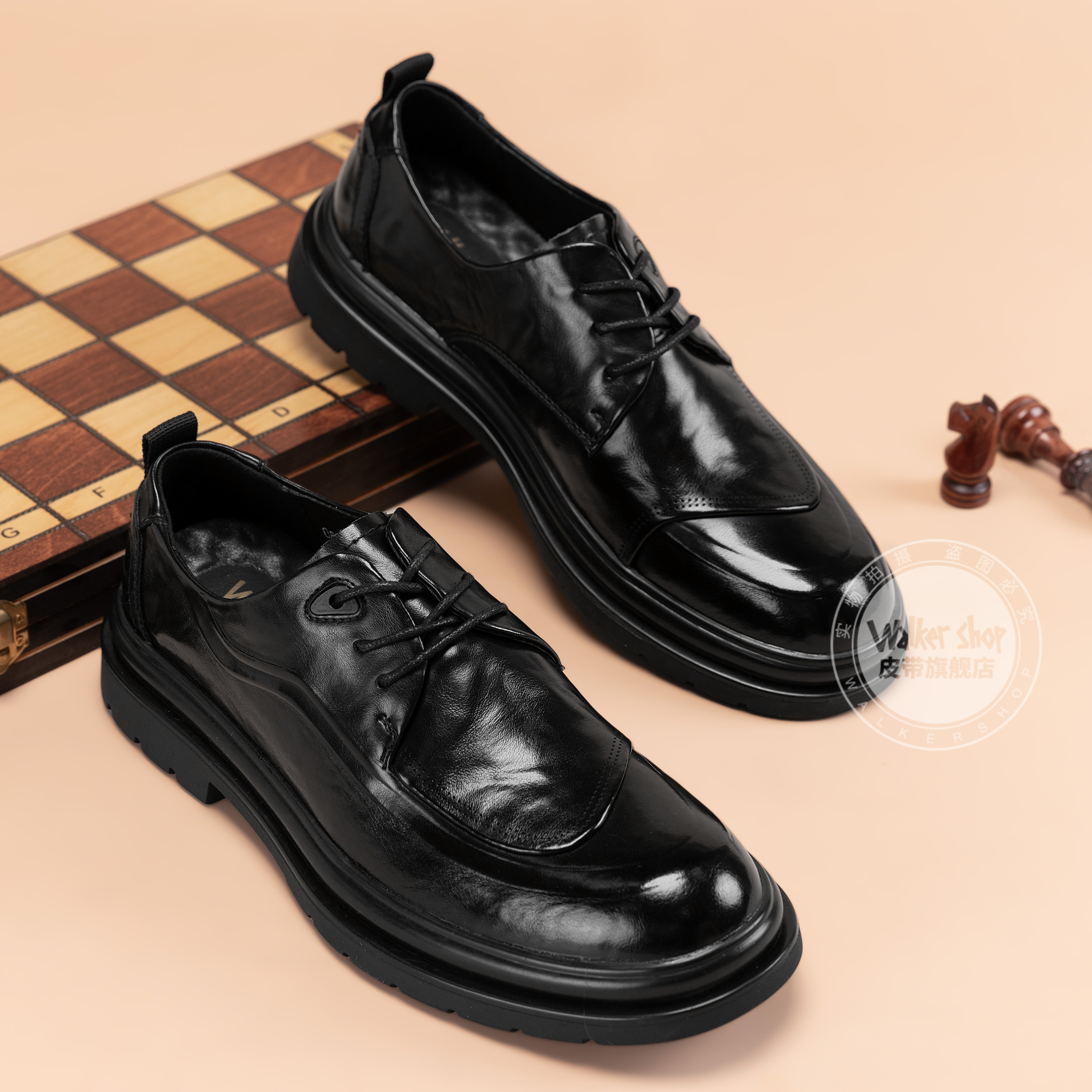 Walker Shop皮鞋男高端商务正装男士皮鞋2026新款休闲真皮透气软底内增高男鞋 黑色【内增高】 40