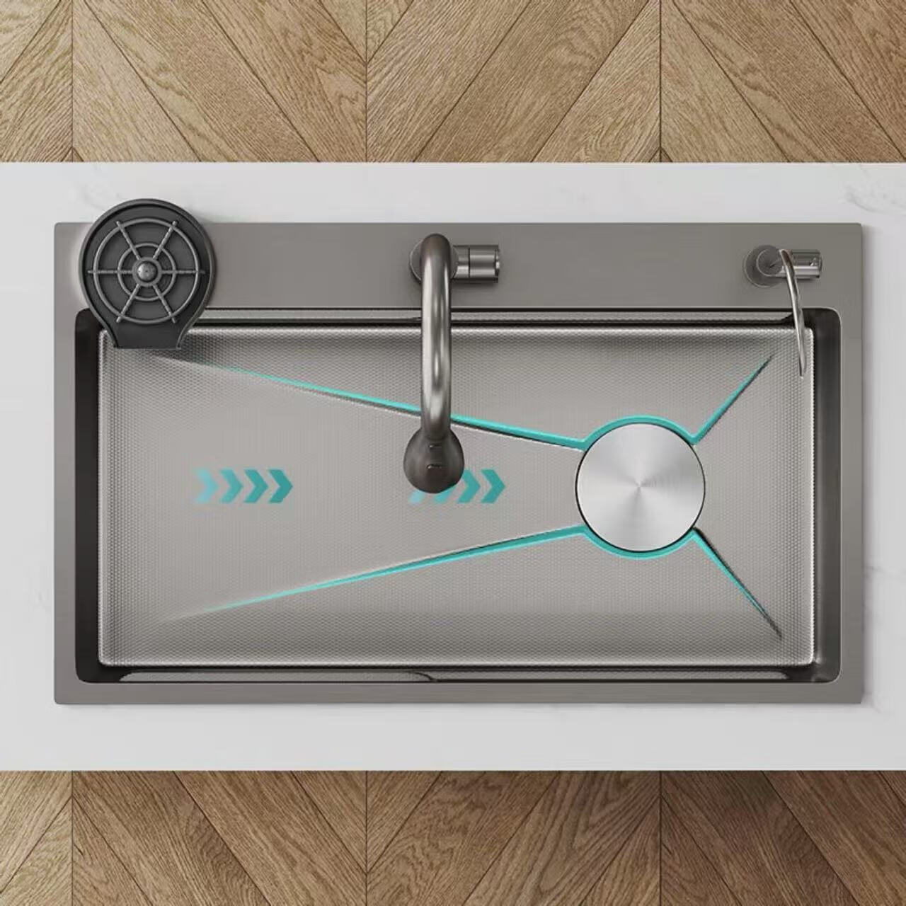 九牧(JOMOO)5.0厚304不锈钢厨房飞雨米粒水槽大单槽洗菜盆加厚中洗菜池洗碗槽 抽拉龙头套餐(单龙头) 65*45cm(需要左排水下单备注)