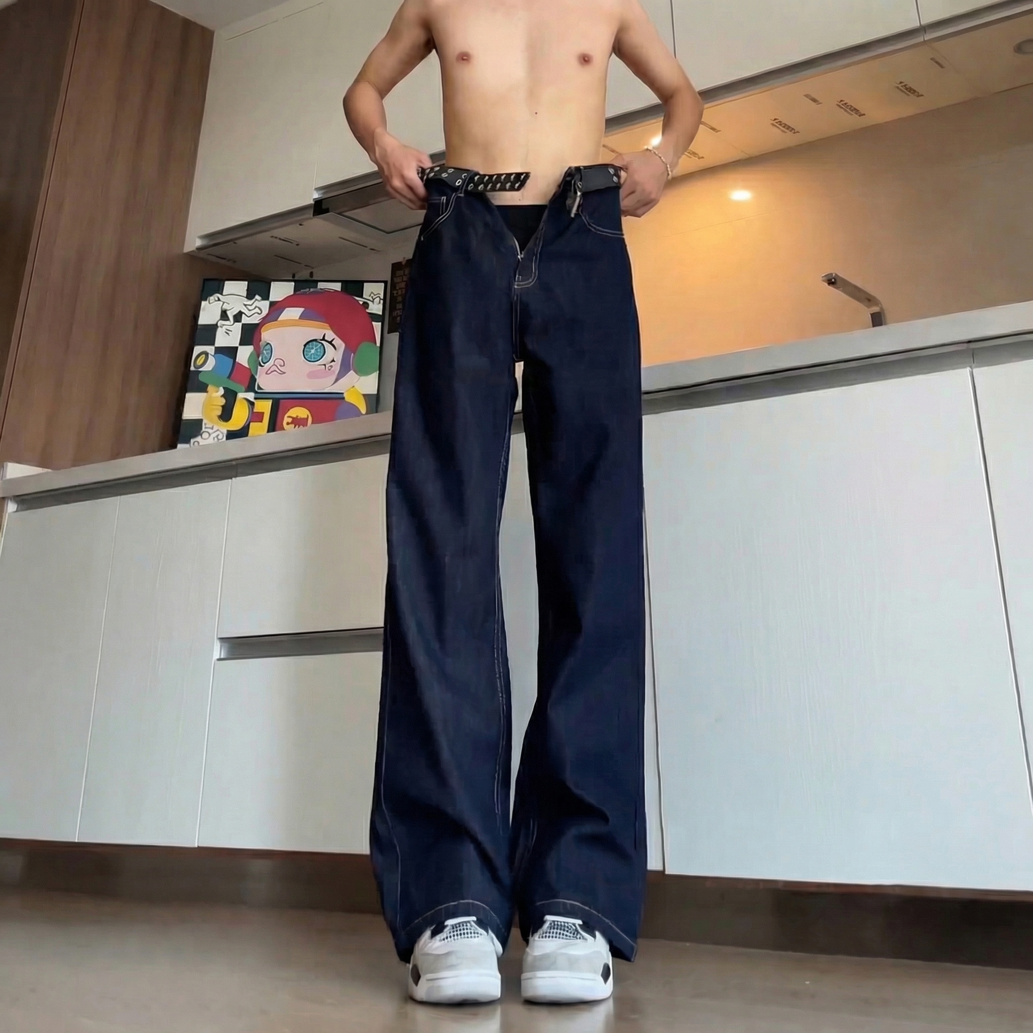 POUM美式复古丹宁风牛仔裤男款秋季潮牌高街cleanfit直筒弯刀微喇长裤 XGNNZ-C653深蓝色 3XL 推荐170-185斤 京东折扣/优惠券