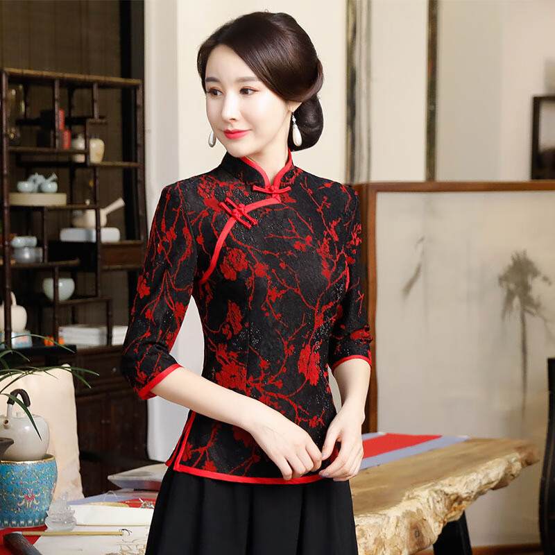 纤晟伊蕾丝唐装女上衣中长款套装改良时尚唐装旗袍妈妈装婚宴中式旗袍