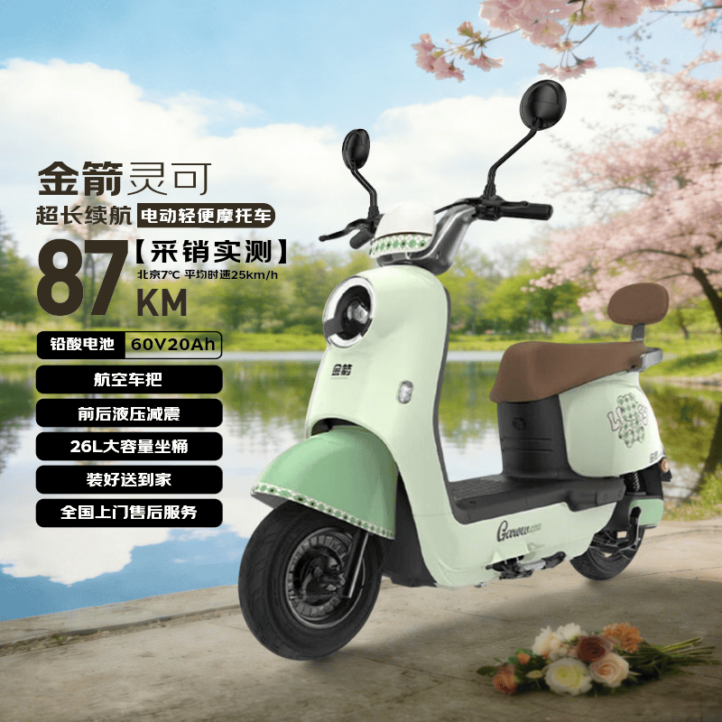 金箭电动摩托车【潮流玩家】灵可60V20AH铅酸电池长续航大动力一键启动灵动踏板电摩轻便电动车 元气绿