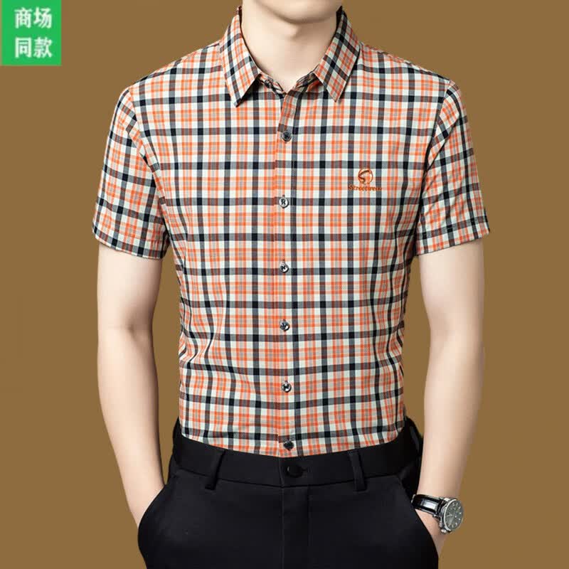 B PRORSUM巴宝莉男士商务休闲短袖格子衬衫翻领透气修身纯棉衬衣夏中青年时 十大奢侈品男装黄色 M 165__建议体重100-120斤