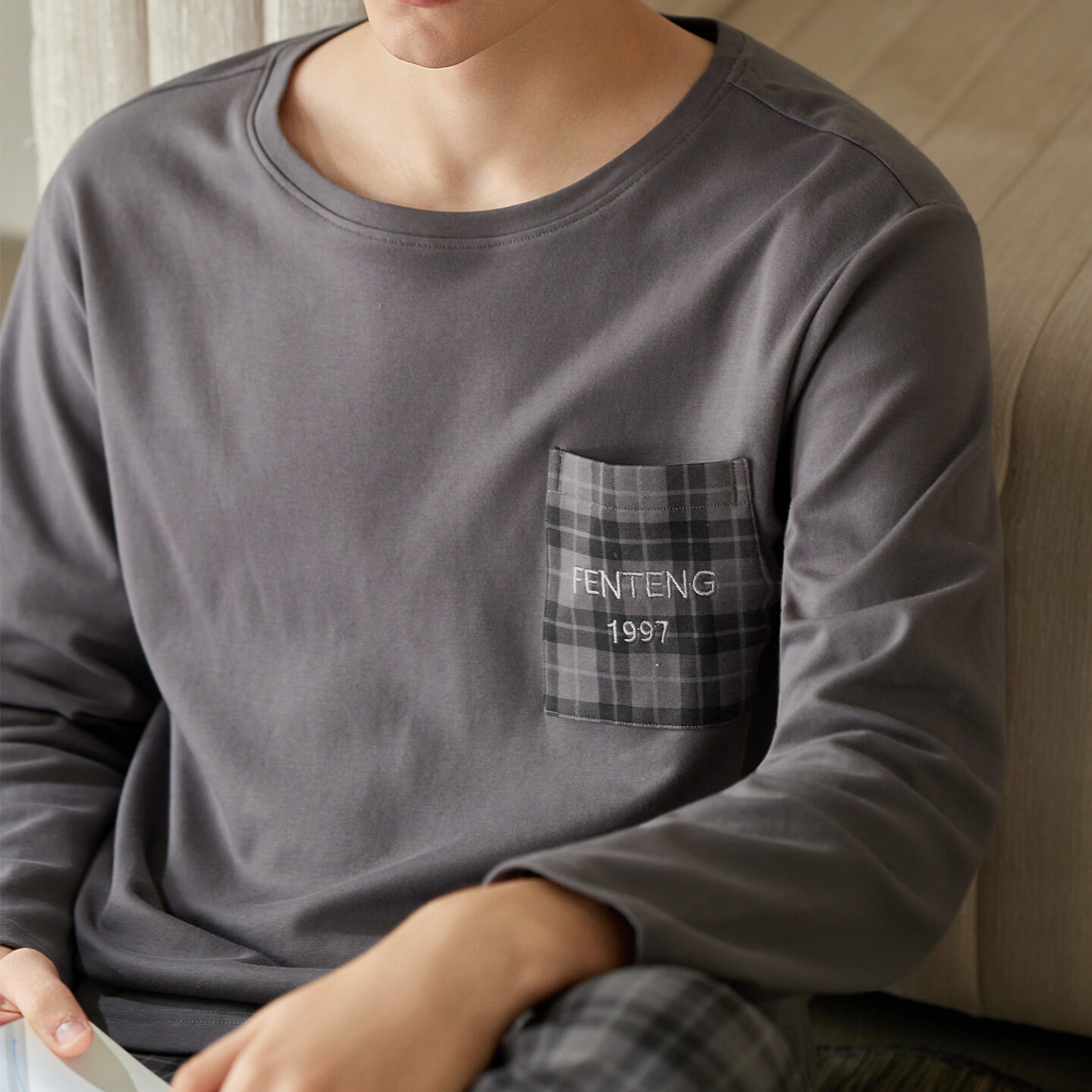 芬腾新款睡衣男士纯棉春秋季长袖长裤青年男款大码休闲家居服套装 FX26931721灰色 XL 建议:146-166斤