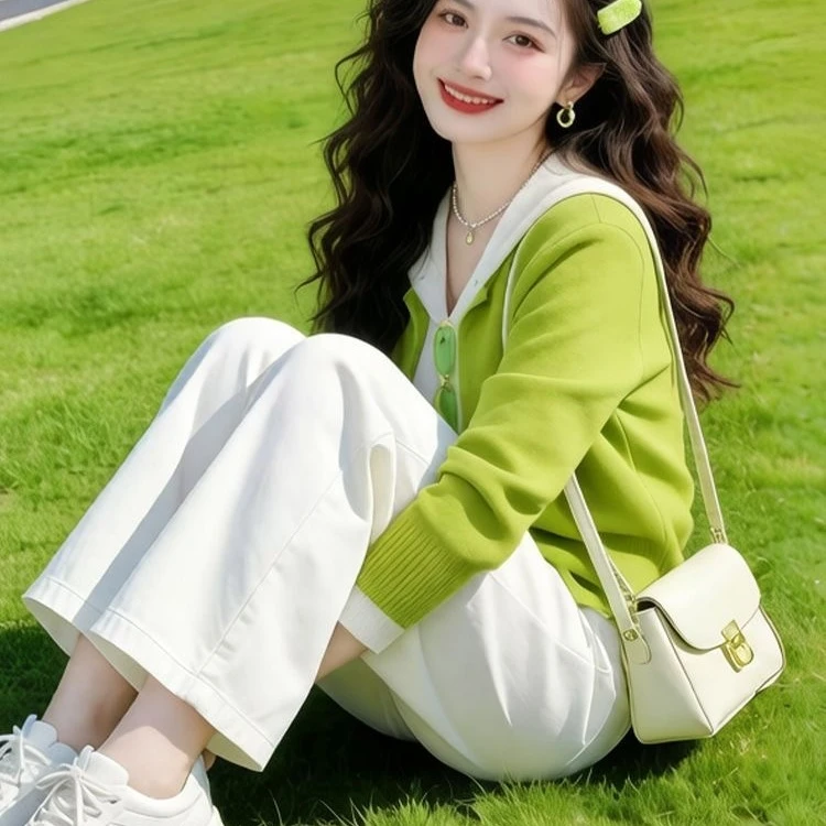 【春季新款】假两件连帽长袖女韩系减龄针织开衫显瘦打底高端上衣 绿色 假两件连帽 L (建议120-140斤)