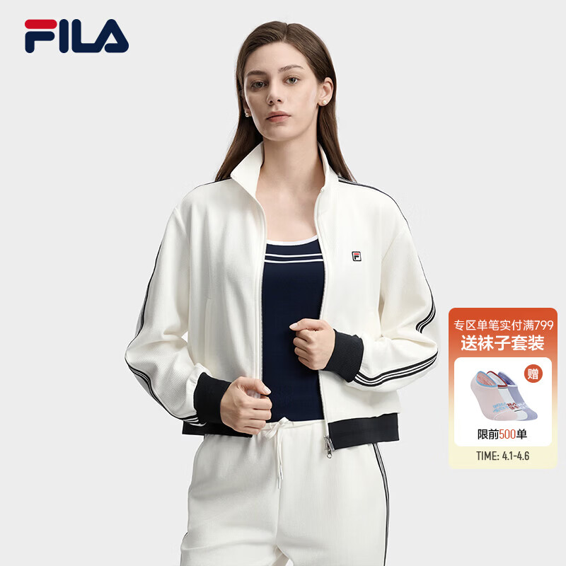 FILA MUSE斐乐官方女子针织长袖外套杨幂同款2026夏新款舒适立领上衣 云白-WT M 165/84A/M