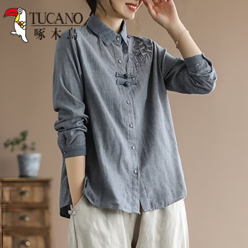 啄木鸟（TUCANO）文艺复古千鸟格棉麻衬衫女2026春季款民族风刺绣中国风盘扣上衣女 蓝色 2XL 建议130-145斤