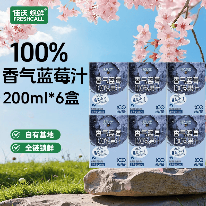 佳沃焕鲜香气蓝莓汁100%果汁饮料饮品零食聚会花青素宝妈青少年 果香浓郁 200ml*6盒【试饮】