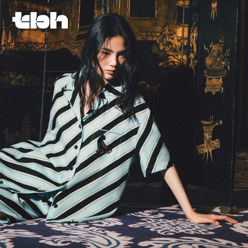 野兽派家居（tbh）都市野兽黑豹天丝棉家居服长款套装可外穿情侣睡衣 黑豹天丝棉家居服长款 蓝黑条纹 XL