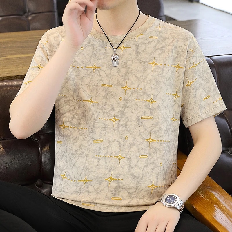 夏季新款男士个性短袖T恤休闲百搭圆领体恤半袖洋气上衣服zx 卡其色 4XL （170-190斤）