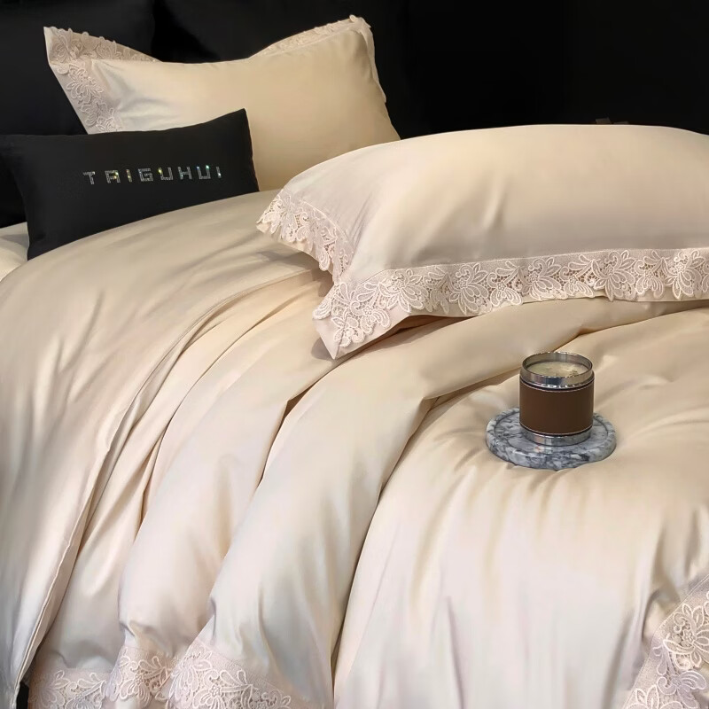 ROLAND LIVE简约高级感全棉四件套柔软透气1.8米床被套床单裸睡双人床床品 TGH 全棉四件套-爱丽丝香槟米 1.5米床 床单款 【被套200*230cm】