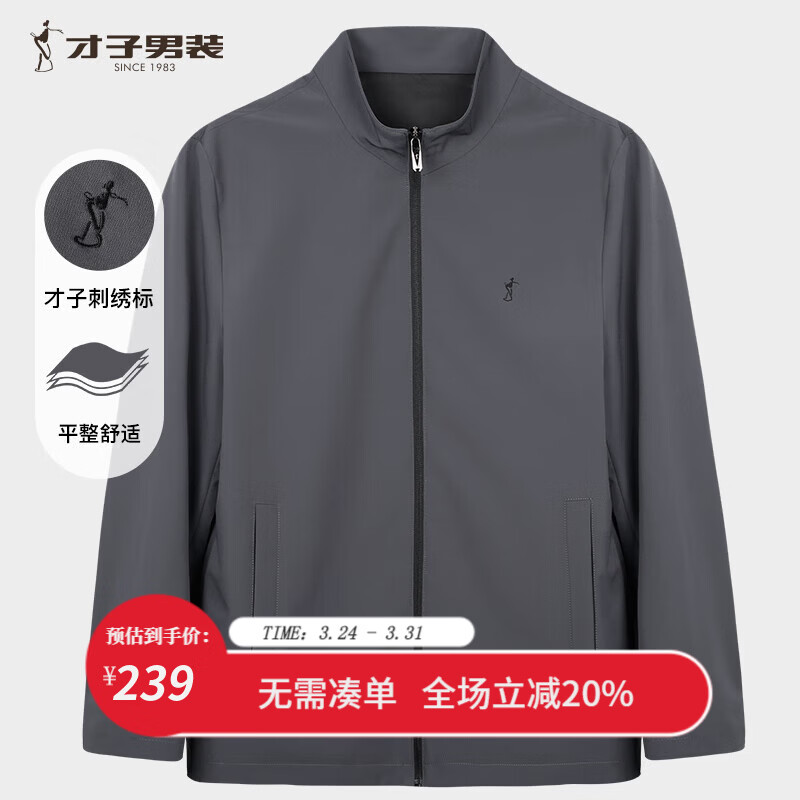 才子（TRIES）外套男行政夹克男士商务休闲立领春秋新款通勤风上衣男 灰色 XL (175/92A)