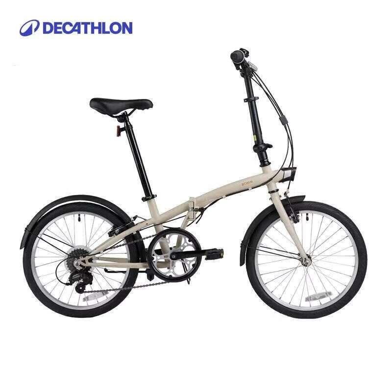 迪卡侬折叠车T120成人通勤自行车6级变速20寸轻便单车浅白垩灰-4588488