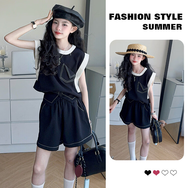 芭帛兔女童夏套装2026新款儿童衣服女孩超好看的夏装大童夏季薄款两件套 黑色 170 cm