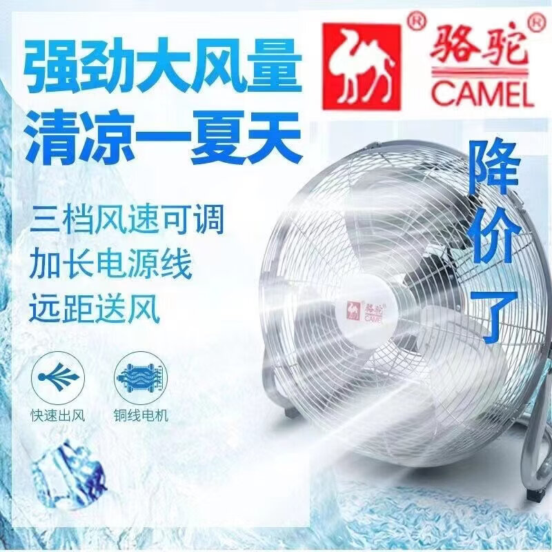 骆驼电风扇工业风扇大功率强力台式落地家用省电扇宿舍工厂趴地扇 银色14寸【中风】客厅·办公- 100W