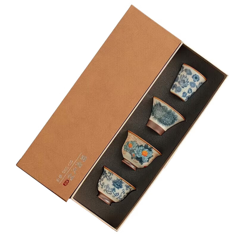 BOSSY新中式汝窑青花珐琅彩茶杯套装礼盒装高档品茗杯单杯生日伴手礼 繁花一壶四杯套装【礼盒装】