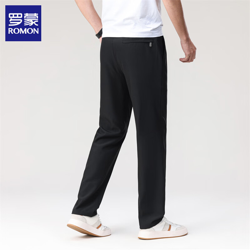 罗蒙（ROMON）冰丝休闲裤男2026夏季新款凉感松紧腰男士直筒长裤子弹力运动男裤 黑色 XL (建议体重130-150斤)