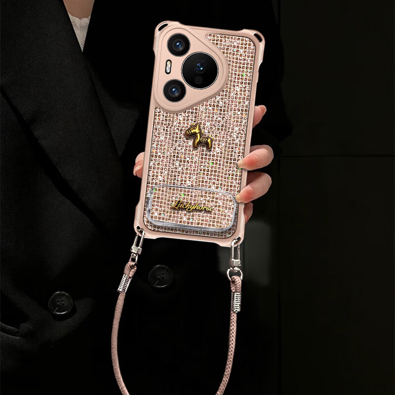 御高适用于【华为pura70Pro】2026新款闪钻款金色小马四角挂绳防摔耐磨全包保护套 金色小马-闪钻款-支架-便携手绳 华为pura70Pro