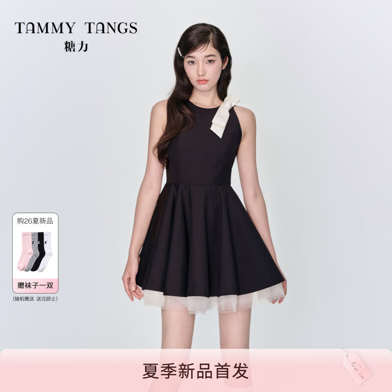 糖力商场同款 圆舞小黑裙 2026夏新款撞色蝴蝶结收腰显瘦无袖连衣裙女 黑色  爽滑抗皱TR料 挖肩X型大摆裙型 S 预售，4月8号发