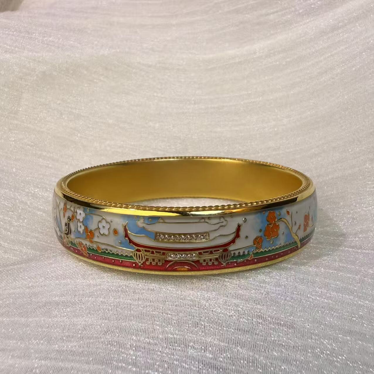 钻之银民族风珐琅彩手镯足银999鎏金拍平工艺 黄色 60圈口约60克