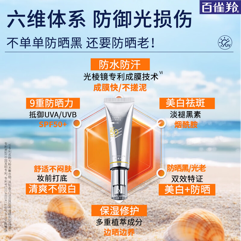 百雀羚(PECHOIN)防晒霜 草本美白隔离防晒乳SPF50+ 防晒黑防水防汗户外护肤化妆品 【抗光老防晒】防晒 SPF50+45ml