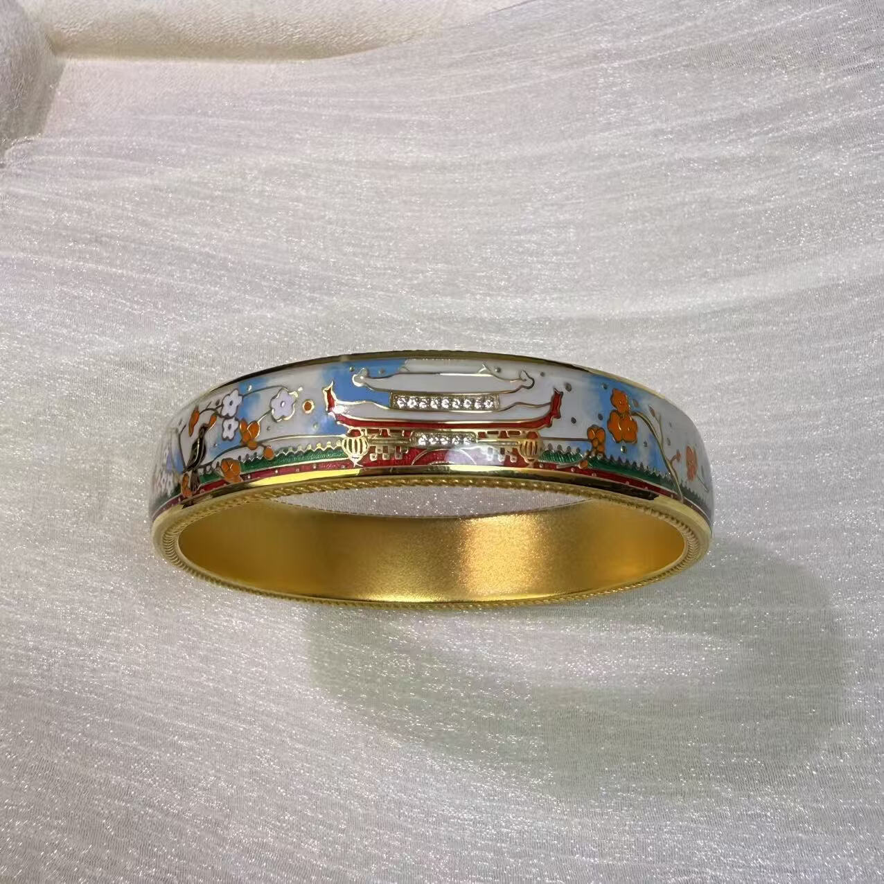 钻之银民族风珐琅彩手镯足银999鎏金拍平工艺 黄色 60圈口约60克