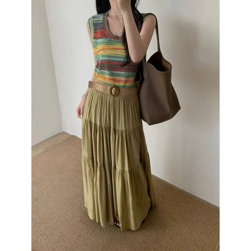 衣库优选早春新款法式冰丝棉麻半身裙女显瘦A字裙高腰长裙休闲大摆伞 黄-优衣女装库品牌商场撤柜- 均码