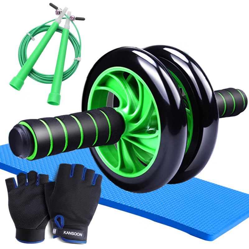 凯速双轮健腹器腹肌轮健腹轮滚轮（手套、跳绳带跪垫）PR05套装绿