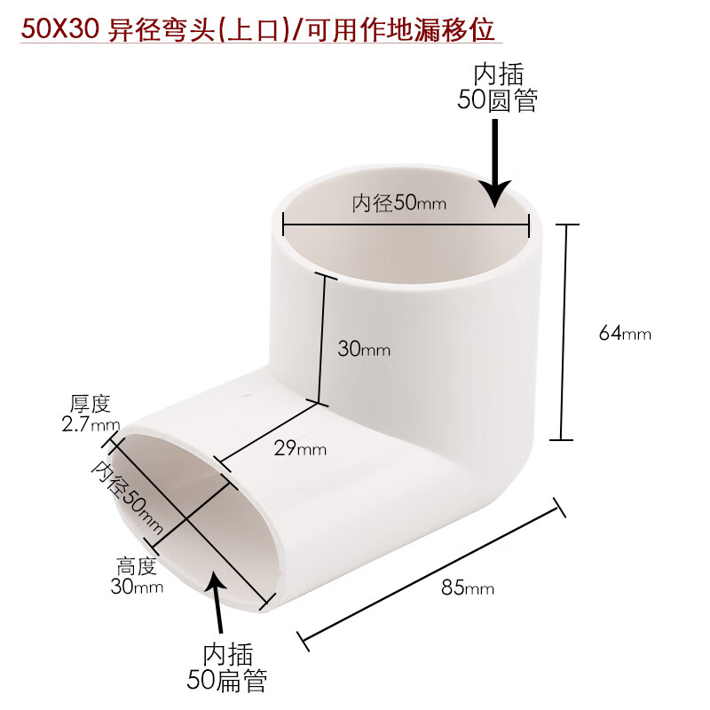 优礼福pvc50地漏移位器洗衣机下水移位 圆扁弯头椭圆管扁管配件的 50*