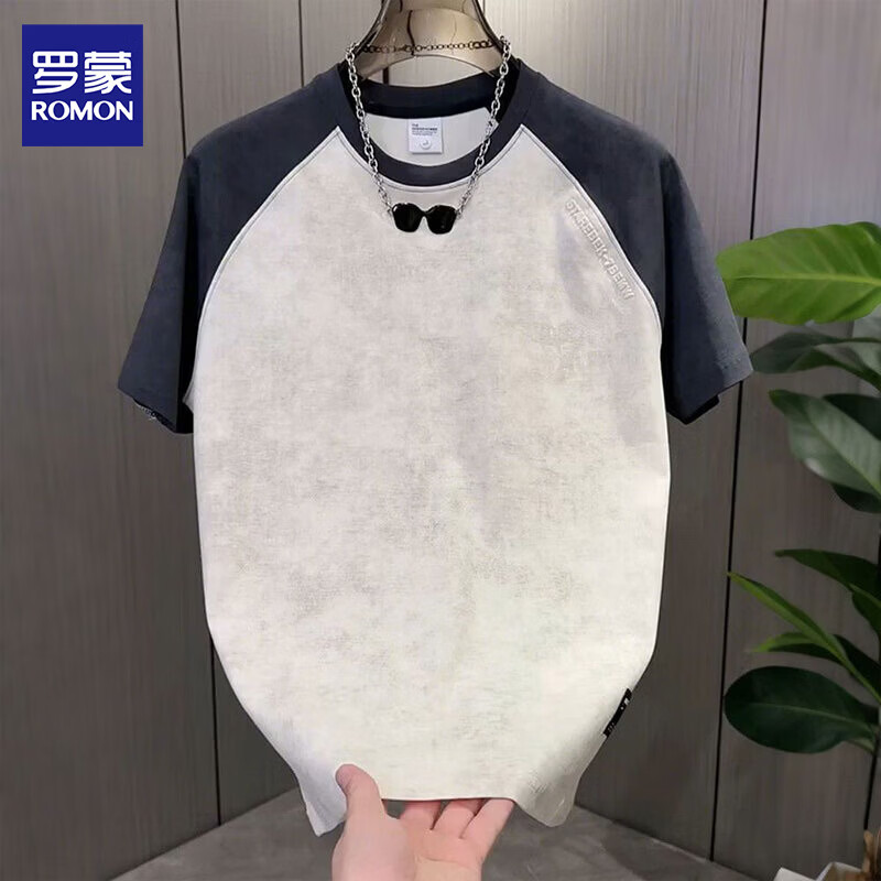 罗蒙2026夏季新款设计感短袖男轻奢扎染潮流上衣百搭圆领半袖T恤男装 146青灰 2XL 约145-155斤