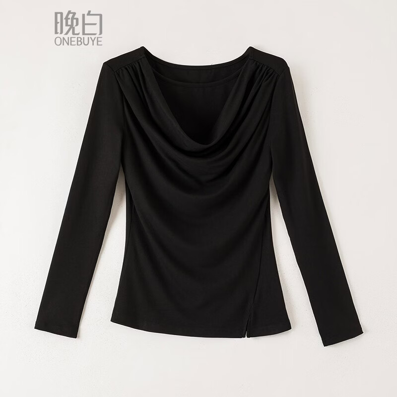 晚白【新品】2026年春款时尚堆堆领上衣亲肤柔软修身舒适T恤衫女 黑色 L