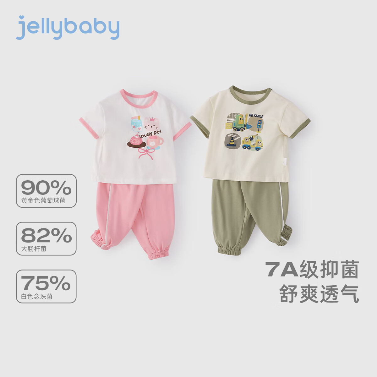 JELLYBABY【开学季卡通印花两件套】25新品秋款T恤中长裤套装中性透气 粉色 【7A抗菌】 120