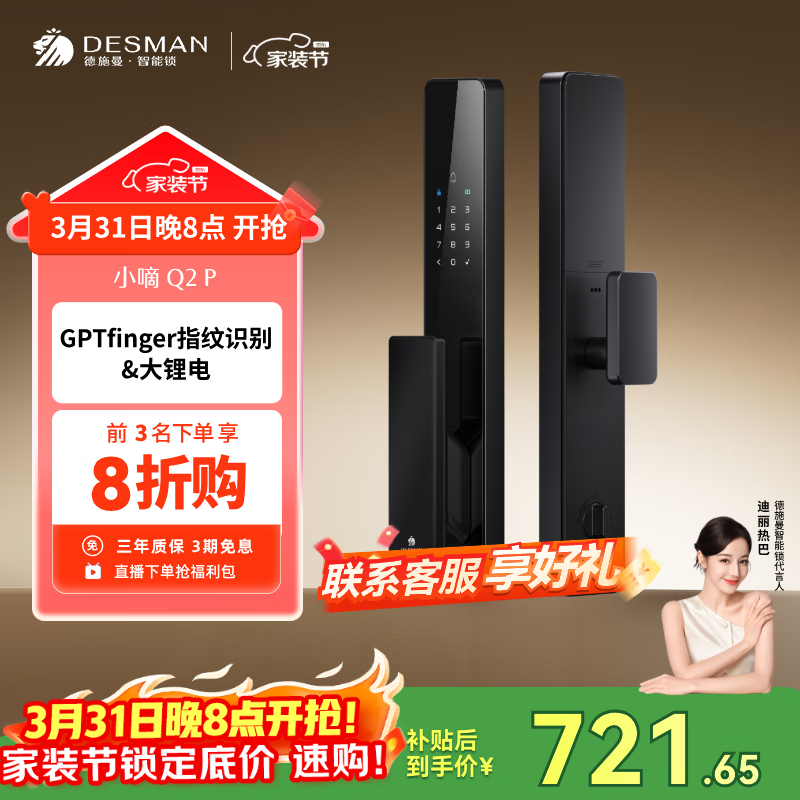 德施曼（DESMAN）智能门锁密码锁入户门 电子锁家用防盗指纹锁小嘀Q2P【一价全包】