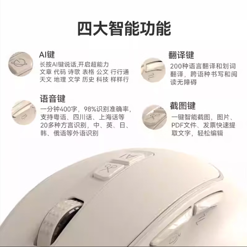 咪鼠科技咪鼠MiMouse M5AI 智能ai鼠标AI视频绘图会议记录智能AI写作PPT语音打字翻译无线蓝牙电脑办公杏色 M5 AI杏色【轻音款 非对称设计】