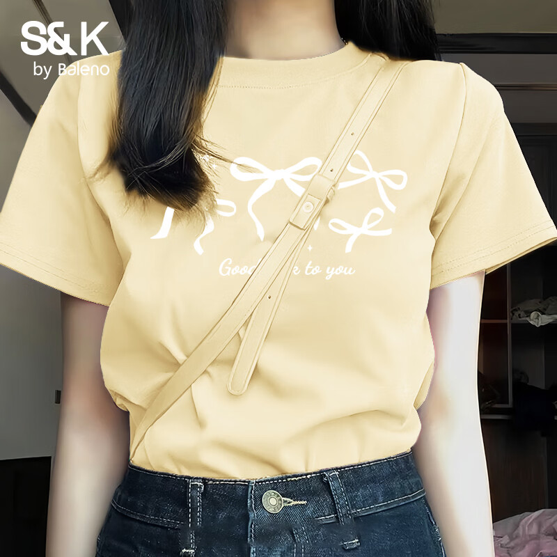 班尼路（Baleno）S&K100%纯棉短袖T恤女2026年夏季女装新款休闲简约时尚百搭上衣 鹅黄#BL四只蝴蝶结 L