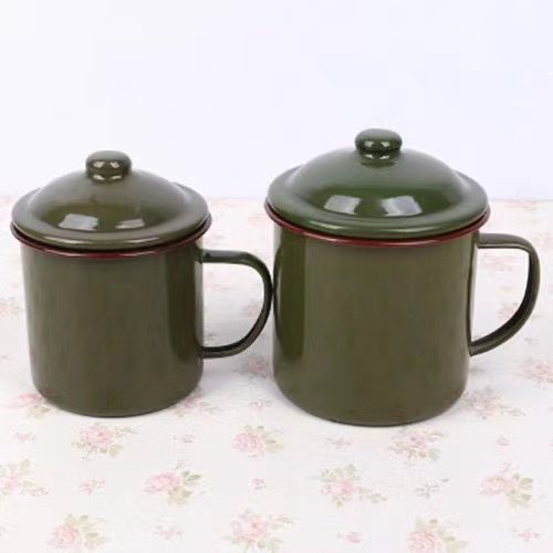 胖东来超市代购同款茶缸老式怀旧经典军绿色子搪瓷口杯复古搪瓷杯 军绿12cm有盖1200毫升