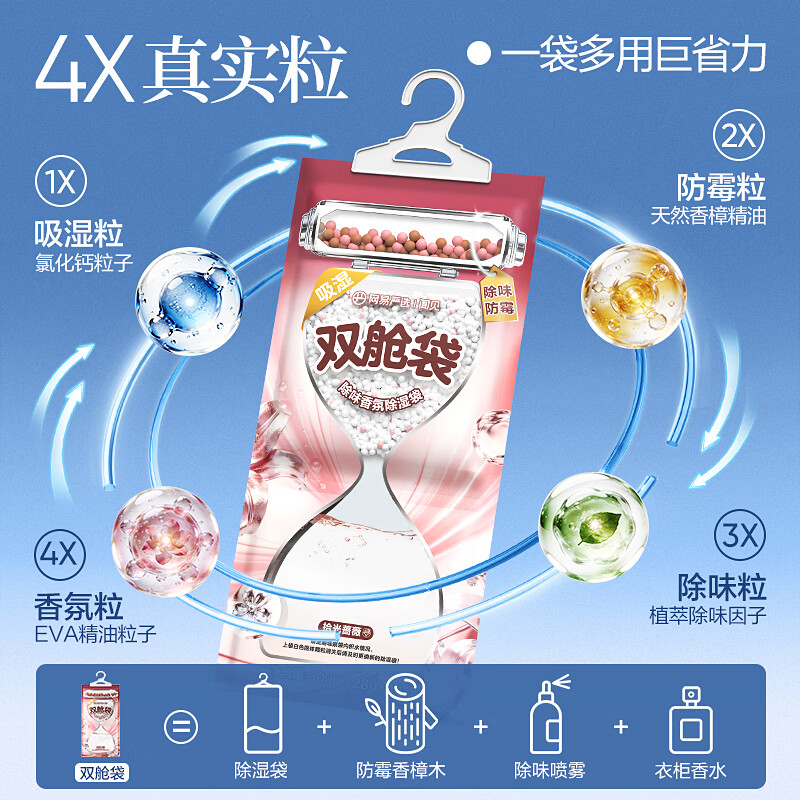 网易严选双腔除味香氛除湿袋可挂式室内净化除味袋装干燥剂衣柜防潮 极地雪松 300g*8盒