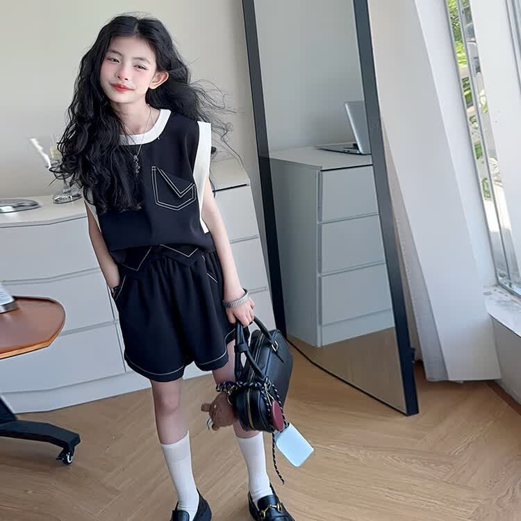 芭帛兔女童夏套装2026新款儿童衣服女孩超好看的夏装大童夏季薄款两件套 黑色 170 cm