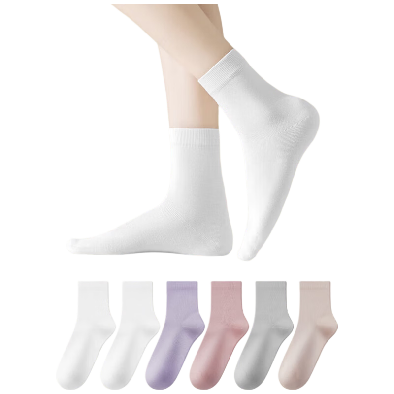 京东京造【100%纯棉】6双女式中筒袜子10A抑菌新疆棉袜休闲女防臭白色