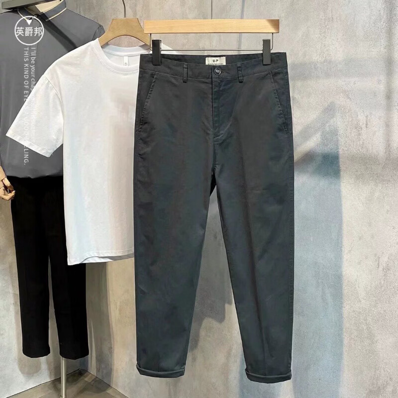 优·衣库同款春夏季纯棉布裤男士韩版修身直筒商务休闲九分裤百搭 优衣库深灰色纯棉九分裤 28 90-100斤