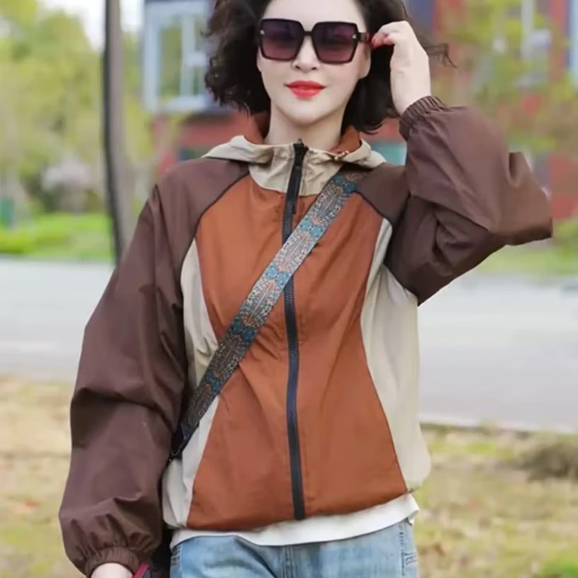 欧货时尚新款拼色两面穿连帽外套春夏薄款宽松显瘦长袖防晒衣开衫 【双面穿】咖色拼橘色 XL 建议145-170斤