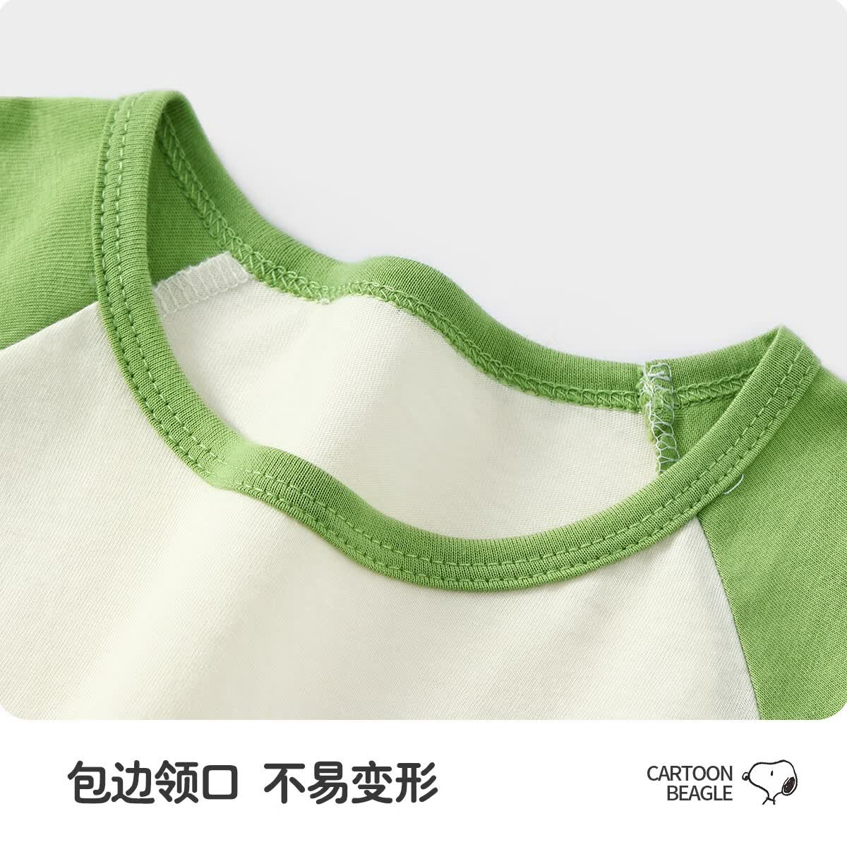 SNOOPY儿童纯棉家居服睡衣透气男女童夏季空调服中袖套装 绿色 画家努比 140