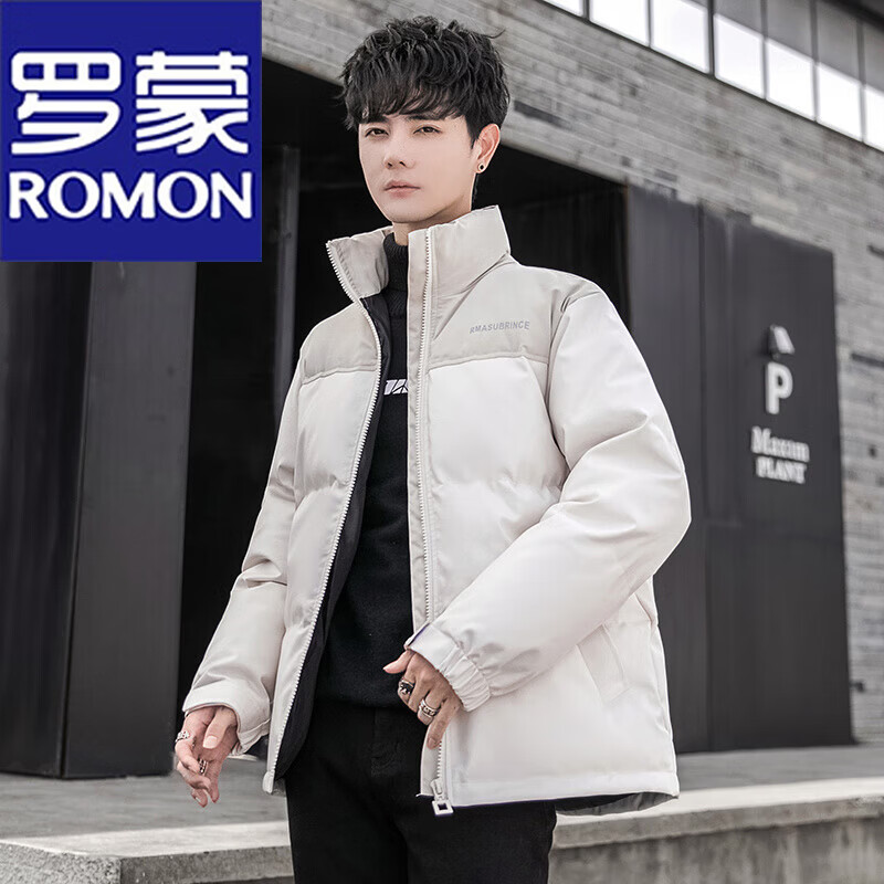 罗蒙（ROMON）棉衣男士冬季加厚冬装外套立领潮牌pu皮棉袄帅气男生宽松保暖棉服 米白色 M