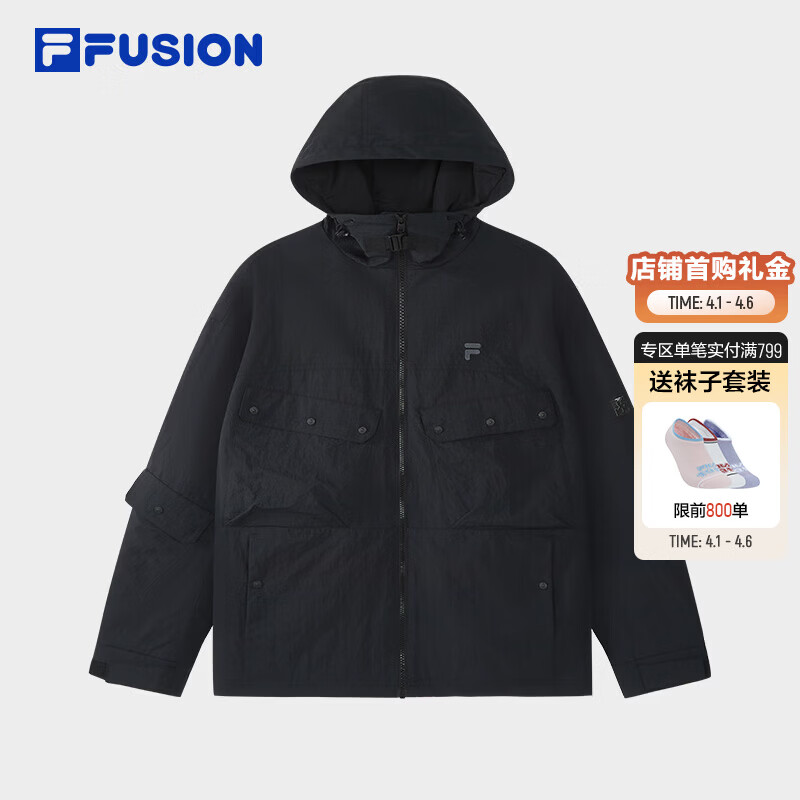 FILA FUSION斐乐潮牌梭织外套男2026春新款时尚宽松连帽工装上衣 正黑色-BK L 175/96A/L