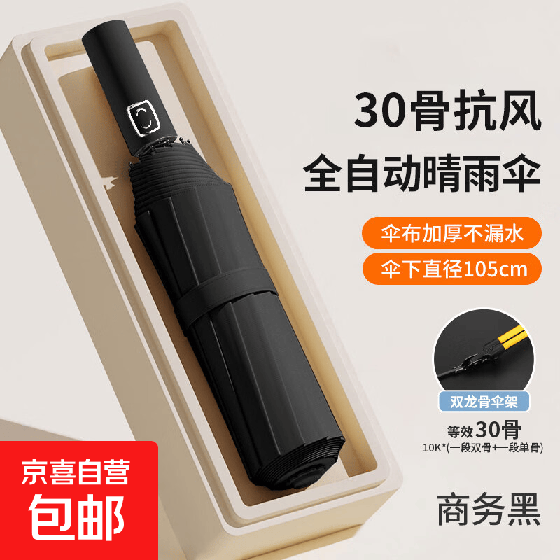 全自动超大号雨伞加大双人加厚加固女晴雨两用男黑胶太阳伞抗风暴 全自动10钢骨【30玻纤骨双人】-曜石黑